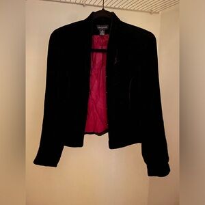 Ann Taylor black velvet blazer with silky magenta lining and hook buttons.
